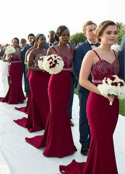 Mermaid Spaghetti Straps Sleeveless Court Train Bridesmaid Gown With Appliques