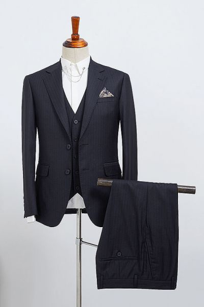 Navy Blue Striped 3 Pieces Slim Fit Bespoke Business Suit