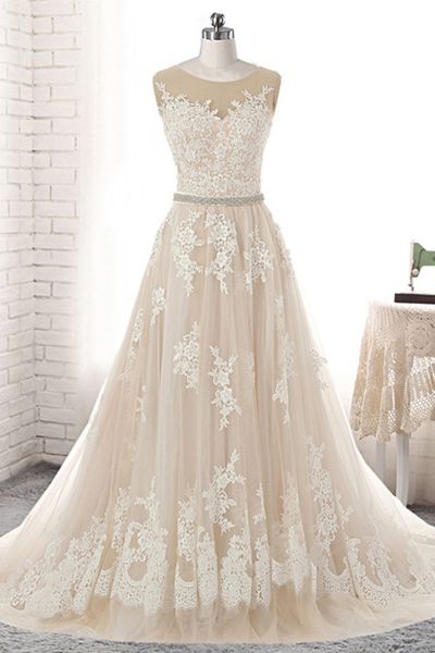 A-line Jewel Neck Sleeveless Floor-length Tulle Wedding Gown With Lace