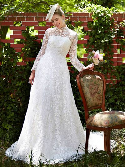 A-line Long Sleeves Court Train Lace Bridal Gown With Lace