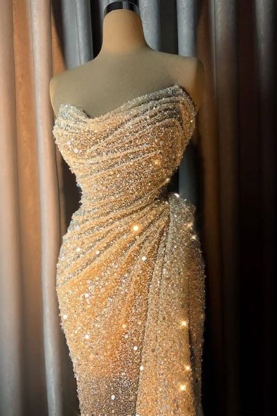 Mermaid Strapless Sleeveless Sweep / Brush Train Evening Gown With Sequins