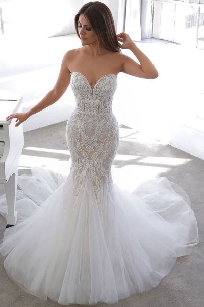 Mermaid Sweetheart Neck Sleeveless Chapel Train Lace Bridal Gown With Ruffles