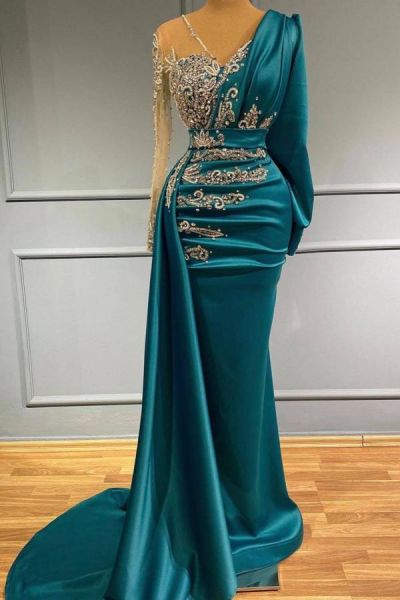 Mermaid V-neck Long Sleeves Floor-length Stretch Satin Evening Gown With Crystal