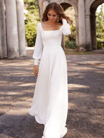 A-line Square Neck Long Sleeves Floor-length Wedding Dress With Buttons