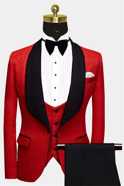 Red Floral Bespoke Tuxedo with Black Lapel