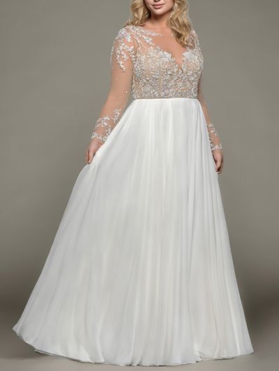 A-line Bateau Neck Long Sleeves Floor-length Tulle Wedding Dress With Beading