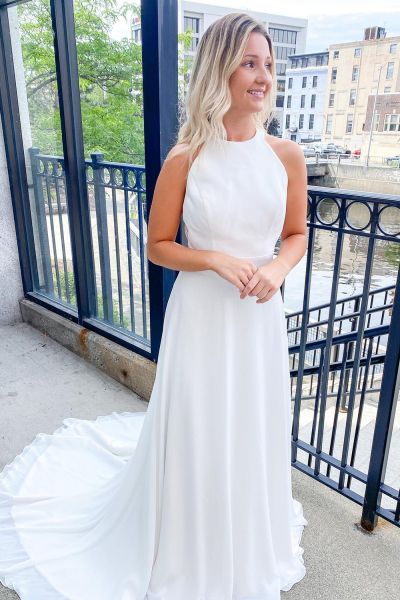 A-line Halter-neck Sleeveless Chapel Train Satin Bridal Dress With Ruffles