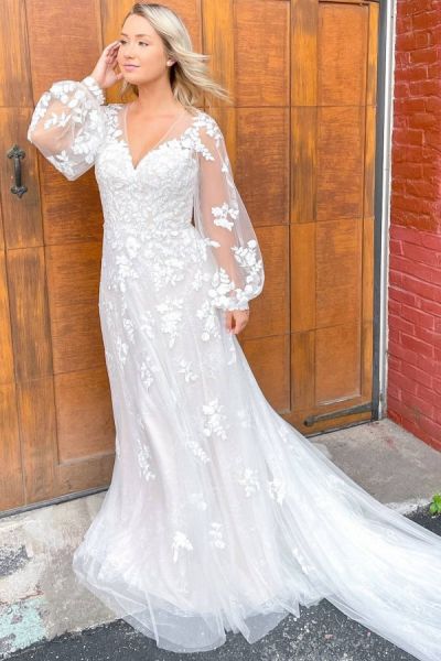 Column V-neck Long Sleeves Chapel Train Lace Bridal Gown With Lace
