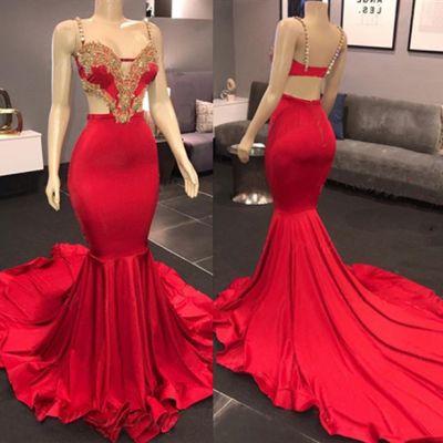 Mermaid Spaghetti Straps Sweetheart Neck Sleeveless Court Train Stretch Satin Formal Dress With Beading