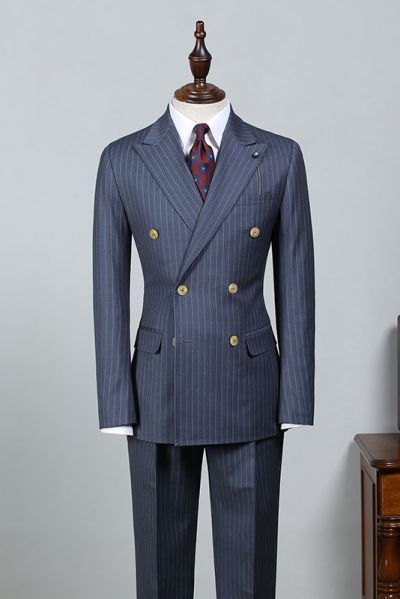Navy Blue Striped Tailored Business Suit