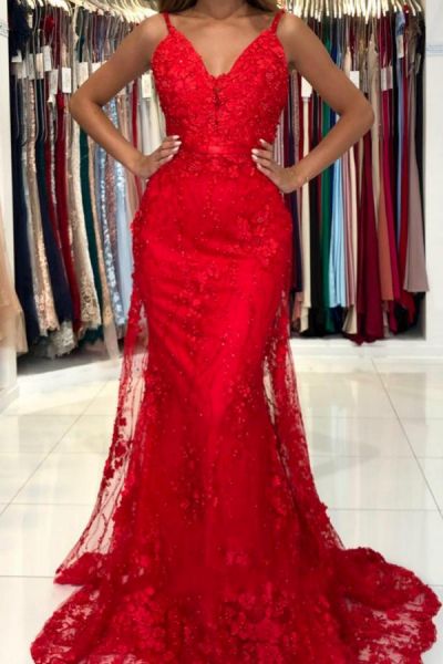 Mermaid Spaghetti Straps Sleeveless Floor-length Lace Formal Dress With Beading