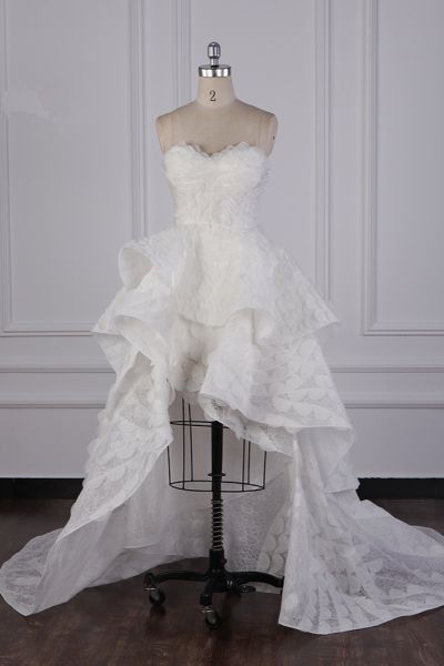 A-line Strapless Sweetheart Neck Sleeveless Hi-Lo Tulle Bridal Dress With Ruffles