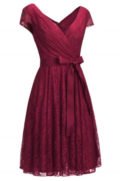 A-line V-neck Short Sleeves Knee-length Lace Bridesmaid Dress With Ribbons