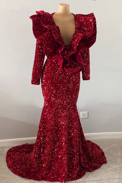 Scarlett V-Neck Sequin Mermaid Prom Dress with Dramatic Ruffles