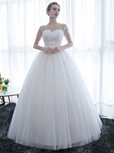 Ball Gown Short Sleeves Floor-length Lace Bridal Gown With Lace