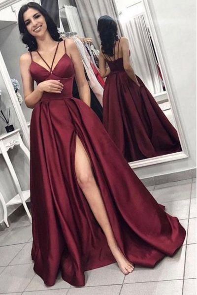 A-line Spaghetti Straps Sleeveless Sweep / Brush Train Formal Dress With Split Front