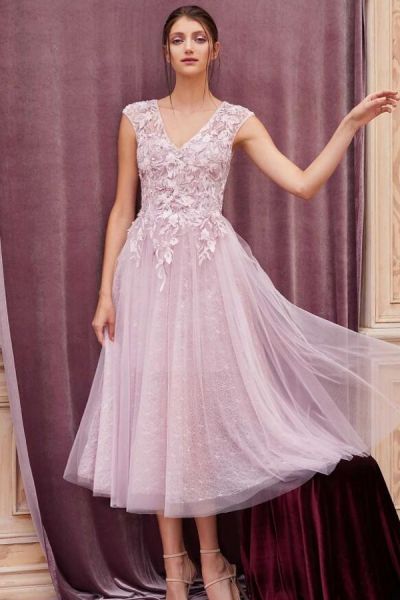 A-line V-neck Sleeveless Tea-length Tulle Formal Dress With Beading