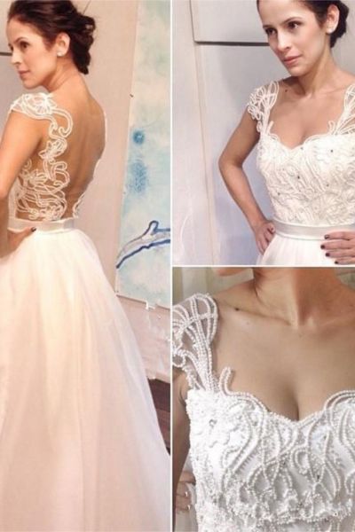 A-line Straps Sleeveless Floor-length Wedding Dress With Pearls