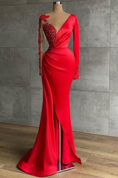 Mermaid V-neck Long Sleeves Floor-length Stretch Satin Evening Dress With Beading