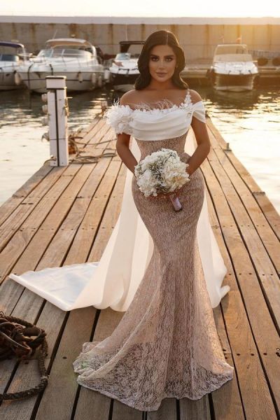 Mermaid Off-the-shoulder Sleeveless Chapel Train Lace Bridal Gown With Sequins