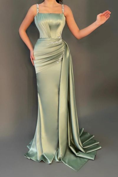 Mermaid Straps Sleeveless Floor-length Stretch Satin Evening Dress With Beading