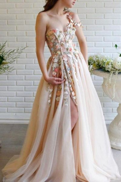 A-line One Shoulder Sleeveless Floor-length Tulle Formal Dress With Ruffles
