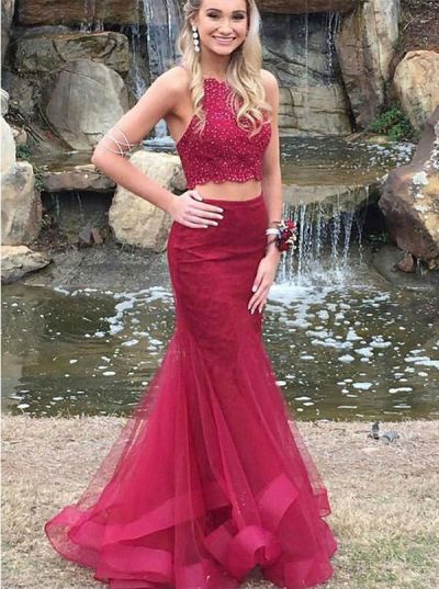 Two Piece Beaded Halter Mermaid Tulle Evening Dress