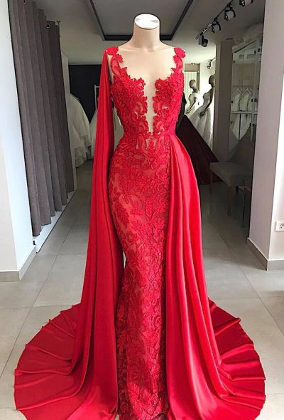 Red Lace Sleeveless Evening Dress with Cape