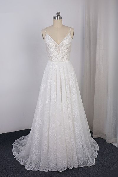 A-line Spaghetti Straps V-neck Sleeveless Floor-length Tulle Bridal Gown With Lace