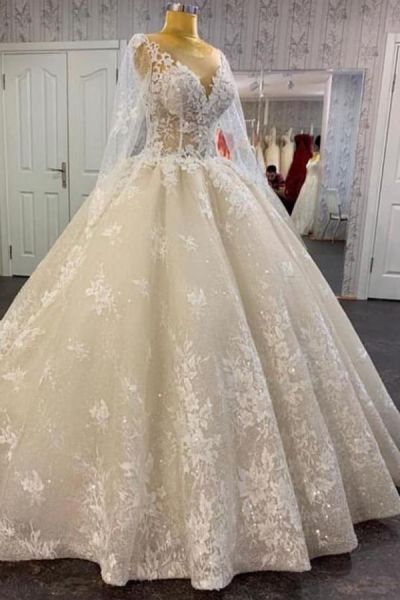A-line Sweetheart Neck Long Sleeves Court Train Tulle Wedding Gown With Lace