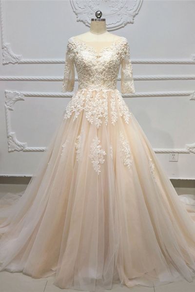 A-line Jewel Neck Half-Sleeves Floor-length Tulle Wedding Dress With Lace