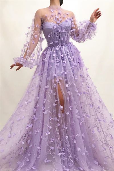 A-line High Neck Long Sleeves Floor-length Tulle Formal Dress With Flower(s)