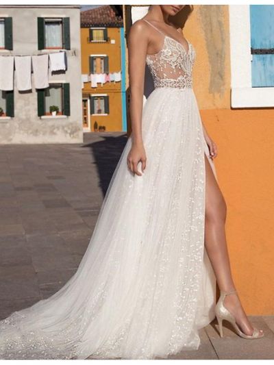 A-line V-neck Sleeveless Floor-length Tulle Bridal Dress