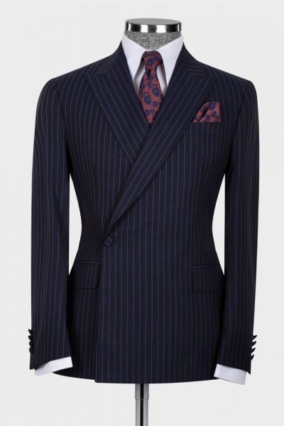 Dark Navy One Button Striped Peaked Lapel Men Suit