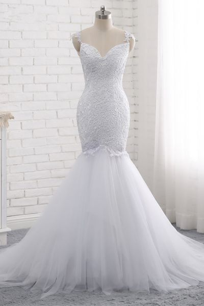Mermaid V-neck Sleeveless Floor-length Tulle Bridal Dress With Appliques