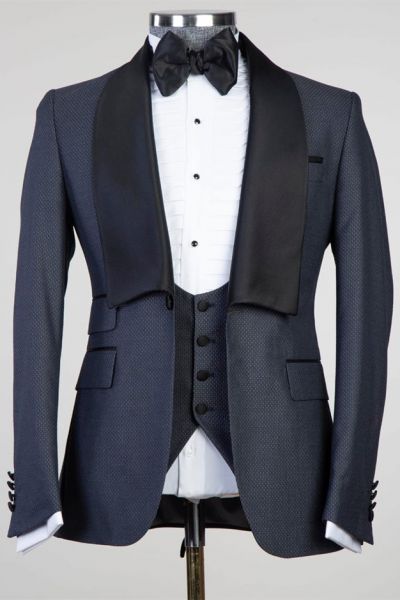 Dark Blue Shawl Lapel Slim Fit Men Suit
