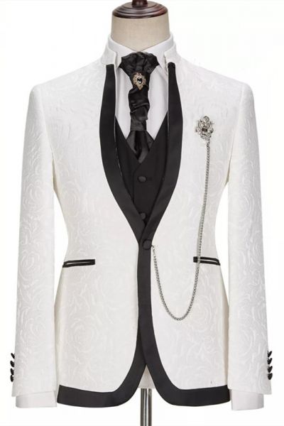 White Jacquard Slim Fit Wedding Suit