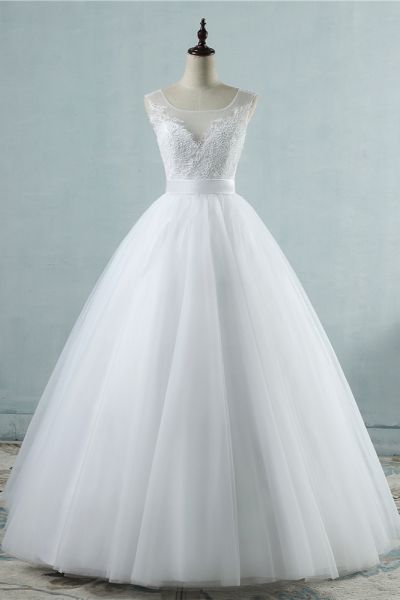 A-line Straps Jewel Neck Sleeveless Floor-length Tulle Bridal Dress With Appliques