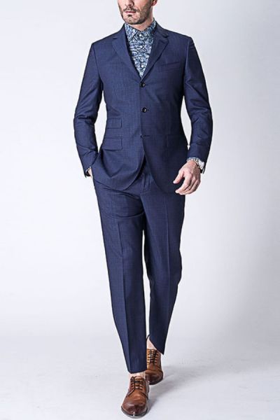 Navy Blue Single Breasted Wool Blend Men's Business Suit with Three Buttons Short Notch Lapel