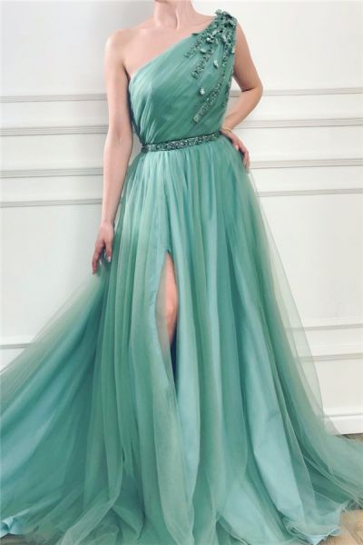 A-line One Shoulder Sleeveless Floor-length Tulle Evening Dress With Ribbons