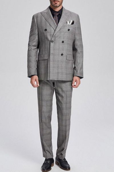 Grey Double Breasted Wool Blend Men's Business Suit with Peak Lapel and Checked Pattern