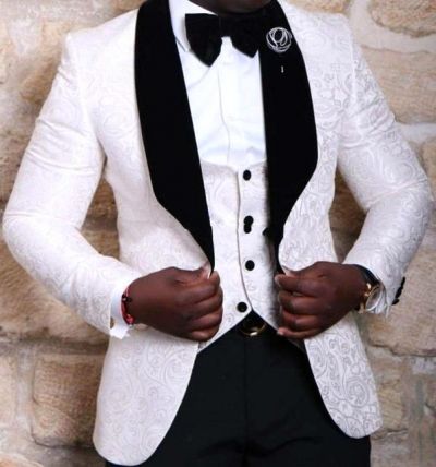 White Jacquard Three Pieces Wedding Groom Tuxedo