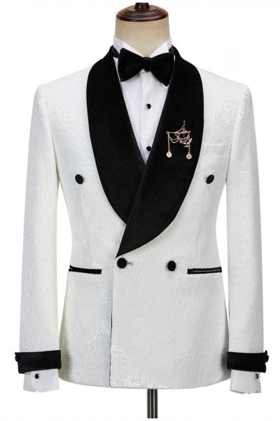 White Jacquard Double Breasted Wedding Suit with Sparkle Shawl Lapel