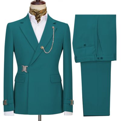 Blue Green Notched Lapel Men Suit