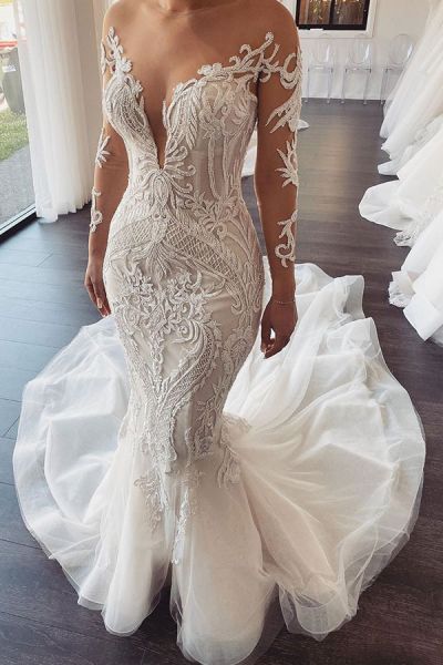 Mermaid Jewel Neck Long Sleeves Chapel Train Tulle Wedding Gown With Lace