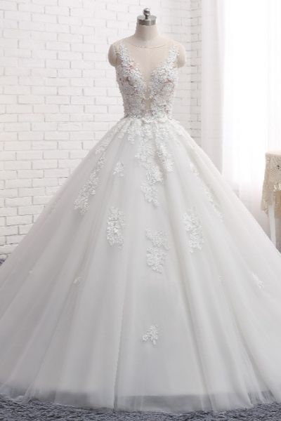 A-line Jewel Neck Sleeveless Court Train Tulle Wedding Gown With Appliques