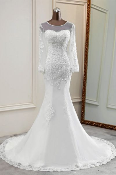 Mermaid Jewel Neck Long Sleeves Floor-length Tulle Bridal Dress With Lace