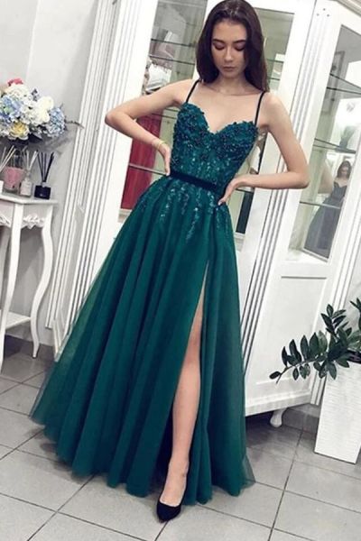 Column Spaghetti Straps Sleeveless Floor-length Tulle Evening Gown With Lace