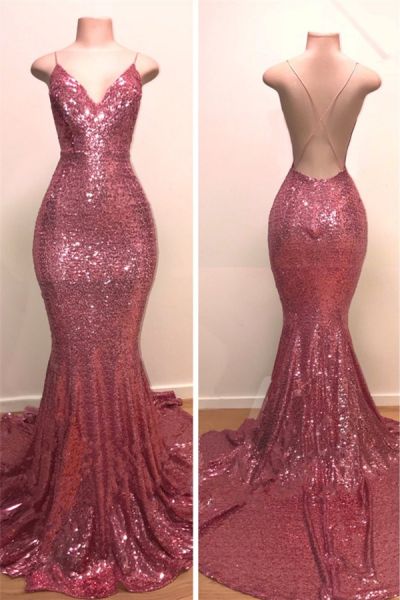 Mermaid Spaghetti Straps Sleeveless Sweep / Brush Train Evening Dress With Sequins