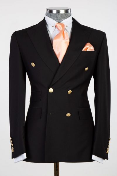Black Double Breasted Business Men Suit with Peaked Lapel